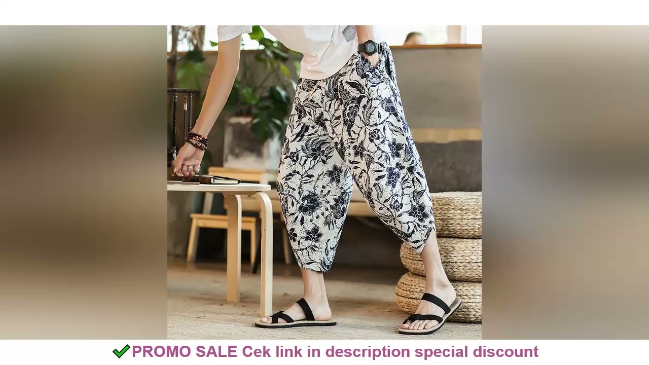 Harajuku Summer Loose Calf Length Casual Pants Men Wide Leg Cotton Linen Printing Baggy Pants Oversi