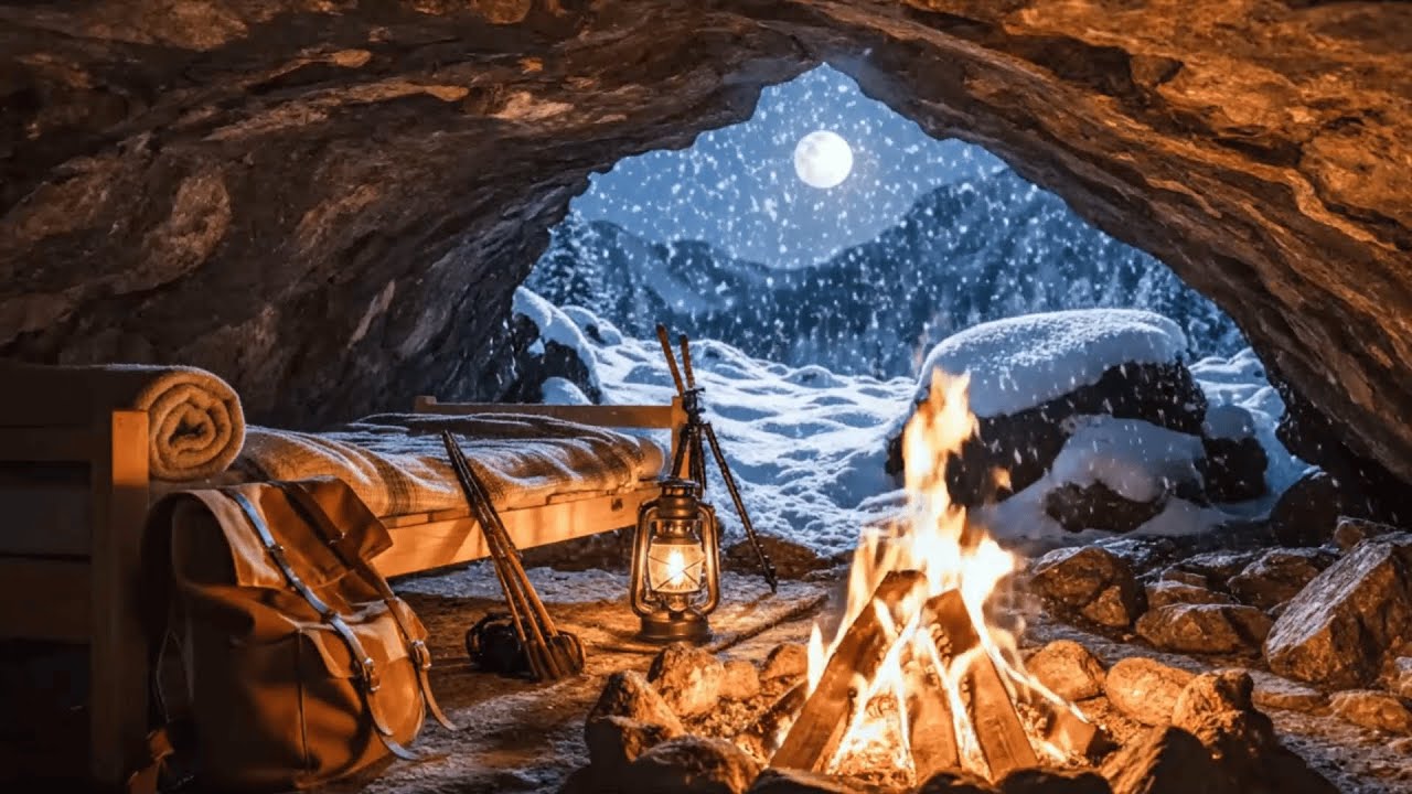 Cozy Winter Cave Campfire❄️🔥Peaceful Snowfall & Mountain Ambience for Deep Sleep, Study & Relaxatio