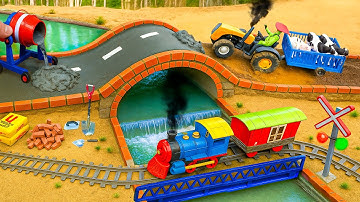 DIY Construction Science Project - Tractor Making Mini Bridge Using Bricks With Railroad Tracks‪