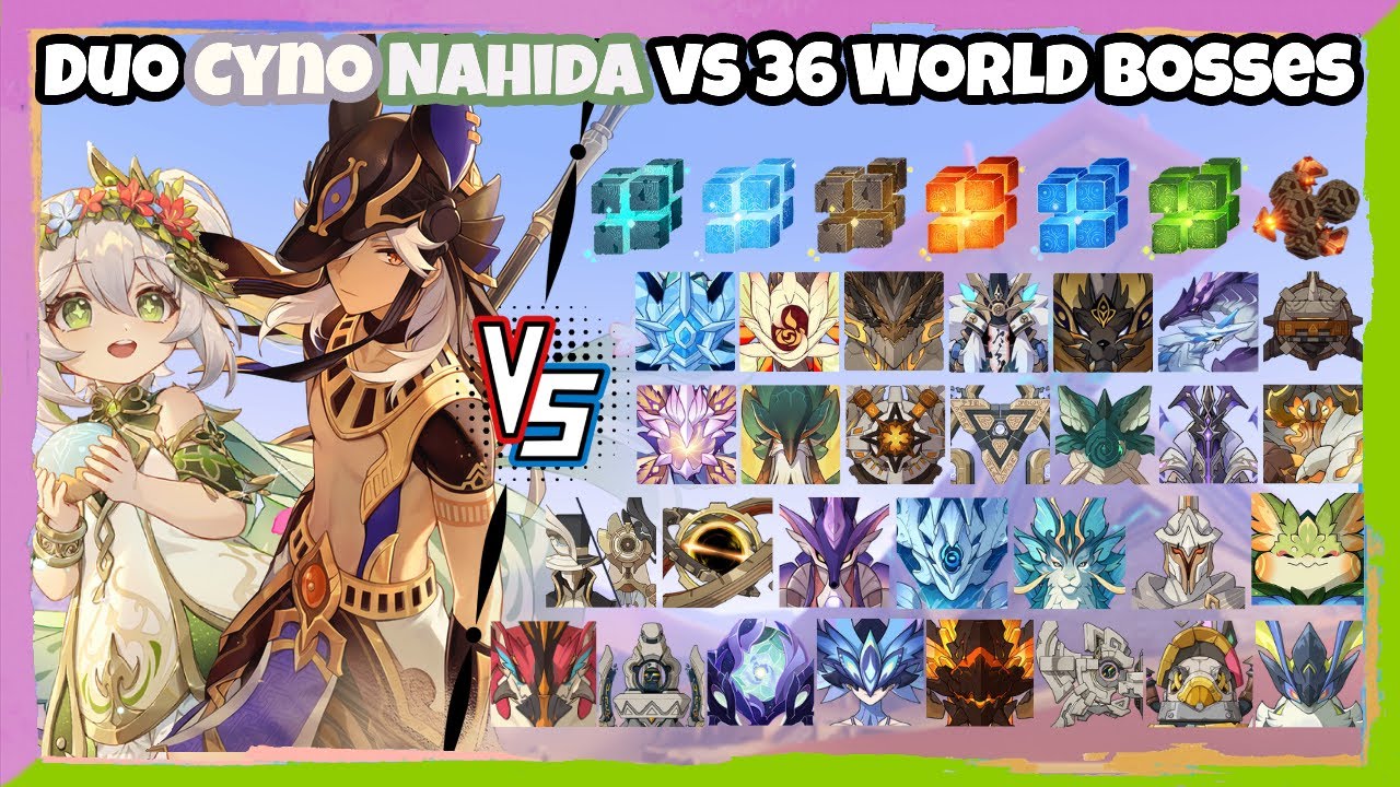 Duo C0 Cyno and Nahida vs 36 World Bosses (WL 9) Without Food Buff | Genshin Impact