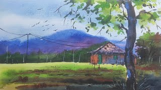 How To Paint Watercolour Landscape For Beginners || Watercolor Landscape Painting || village Art |