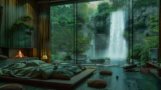 Forest Room with Waterfall Ambience: Rain and Crackling Fire, Nature Sounds to Sleep, Relax, Rest
