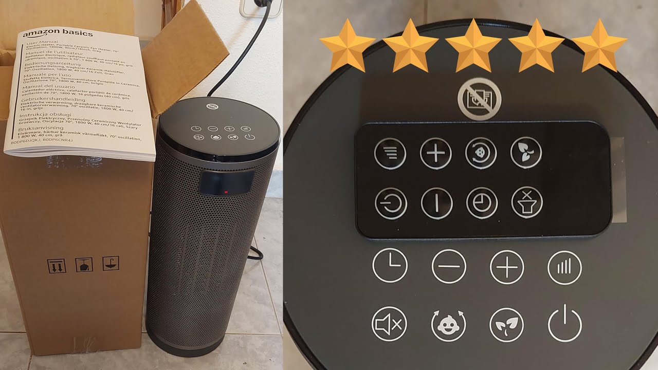 Amazon Basics Calefactor eléctrico cerámico con tecnología PTC, 1800W, oscilación 70°, 40cm, Gris