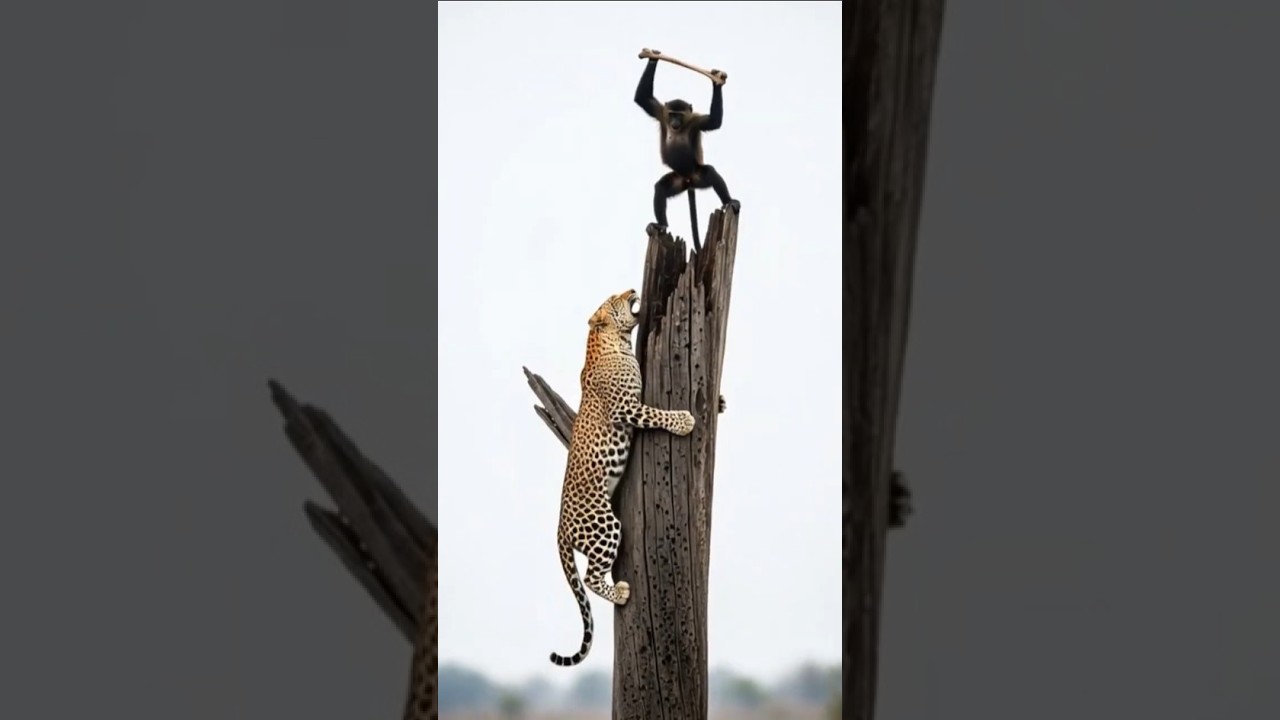 “Leopard vs Monkey Showdown on Tree Stump | 
