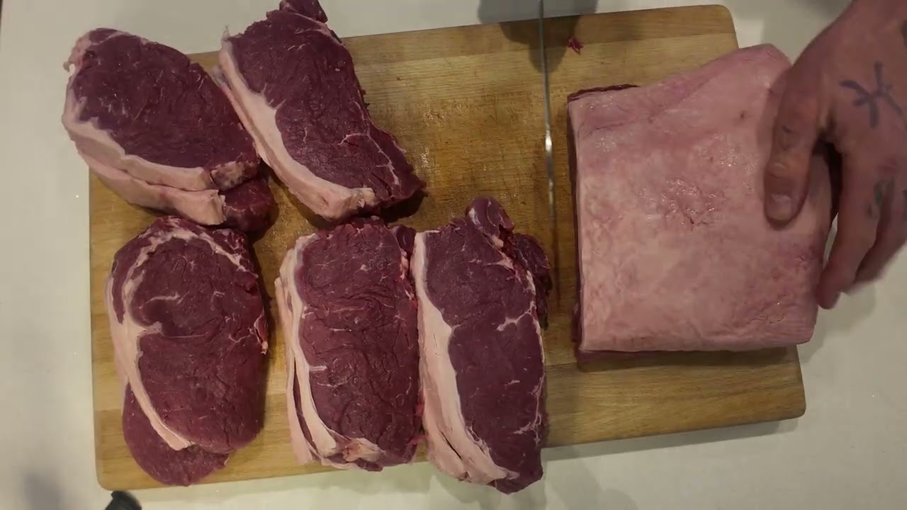 Slicing up a 6.3kg strip-loin into steaks…