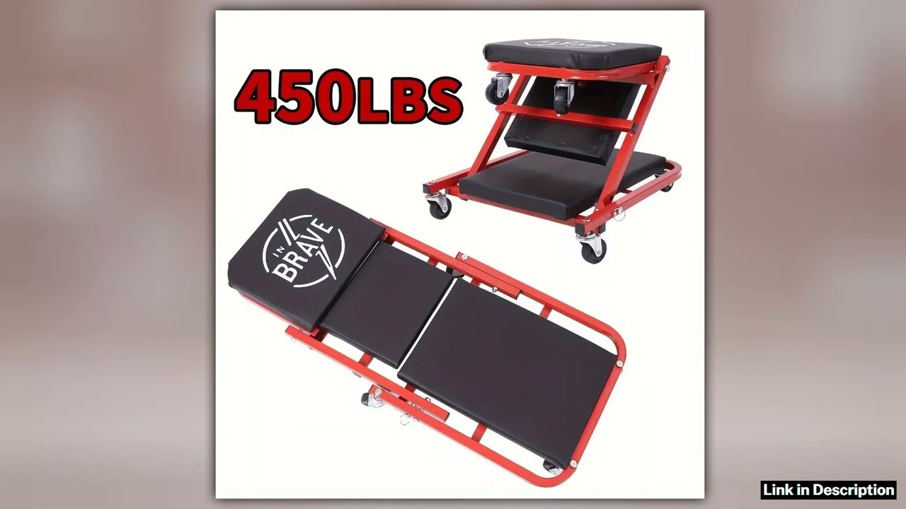 InBrave 36 2in1 Rolling Folding Garage Chair with Wheels 450 lb Weight Capacity Sturdy Red and Blac