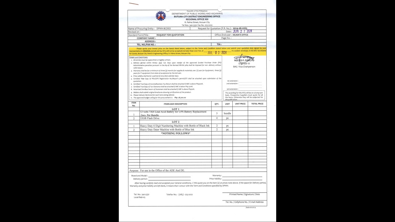 Request for Quotation (RFQ) for Purchase Request (P.R) No. 2024-06-0163 dated June 13, 2024