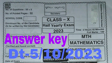 Class X Mathematics Half Yearly Exam, 2023 Answer key Class 10th