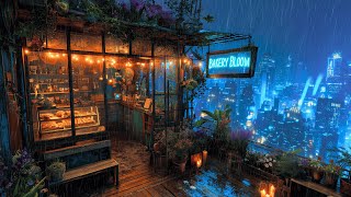 Lofi Cozy Artisan Bakery Rain at Midnight Over Neon City | For Sleep, Study, & Relaxation