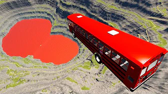 School Bus Jumps & falls Into Red Water Pit Leap Of Death -  BeamNG.Drive