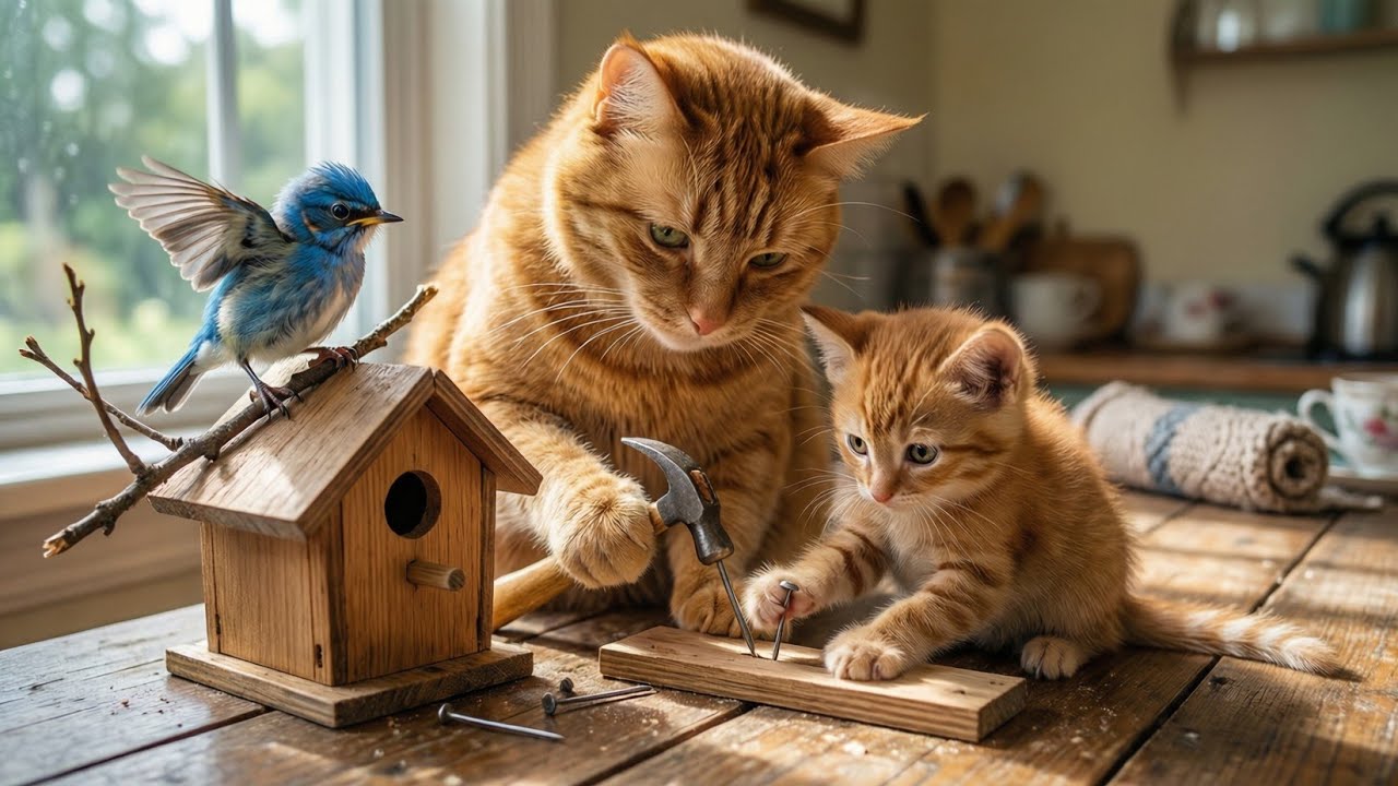 Ginger Cat and Kitten Save a Baby Blue Bird 😺💙