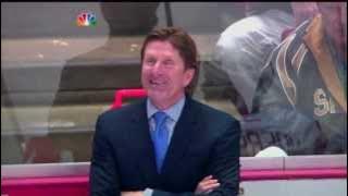 Mike Babcock and Damien Brunner have a laugh over the Saku Koivu Dive