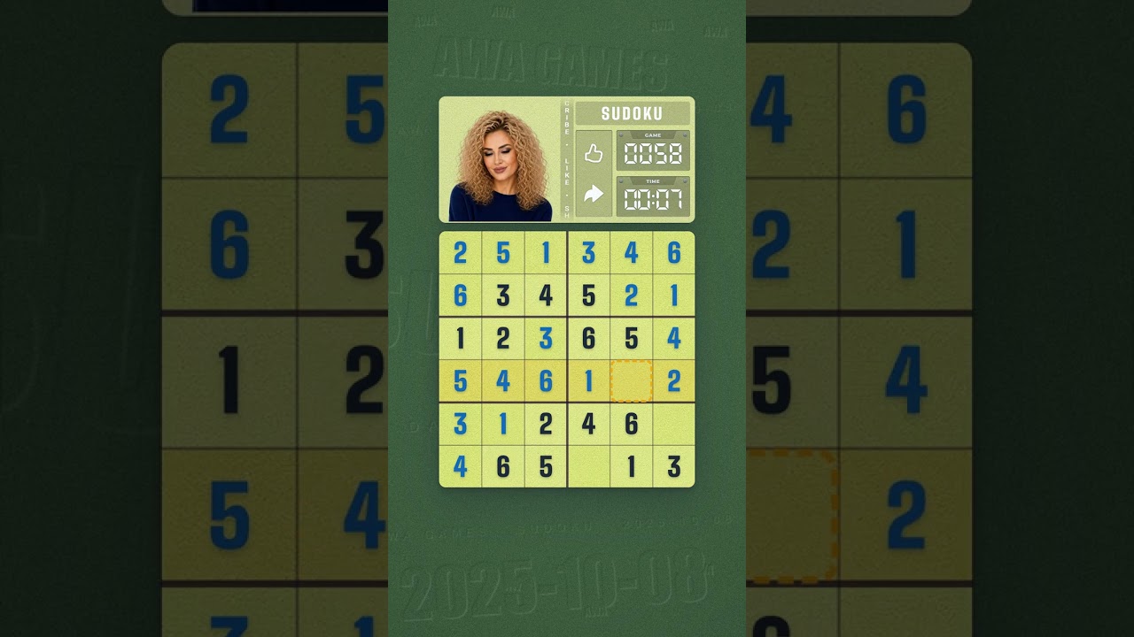 LinkedIn Mini Sudoku #58 solved board for October 8, 2025, 6x6 grid