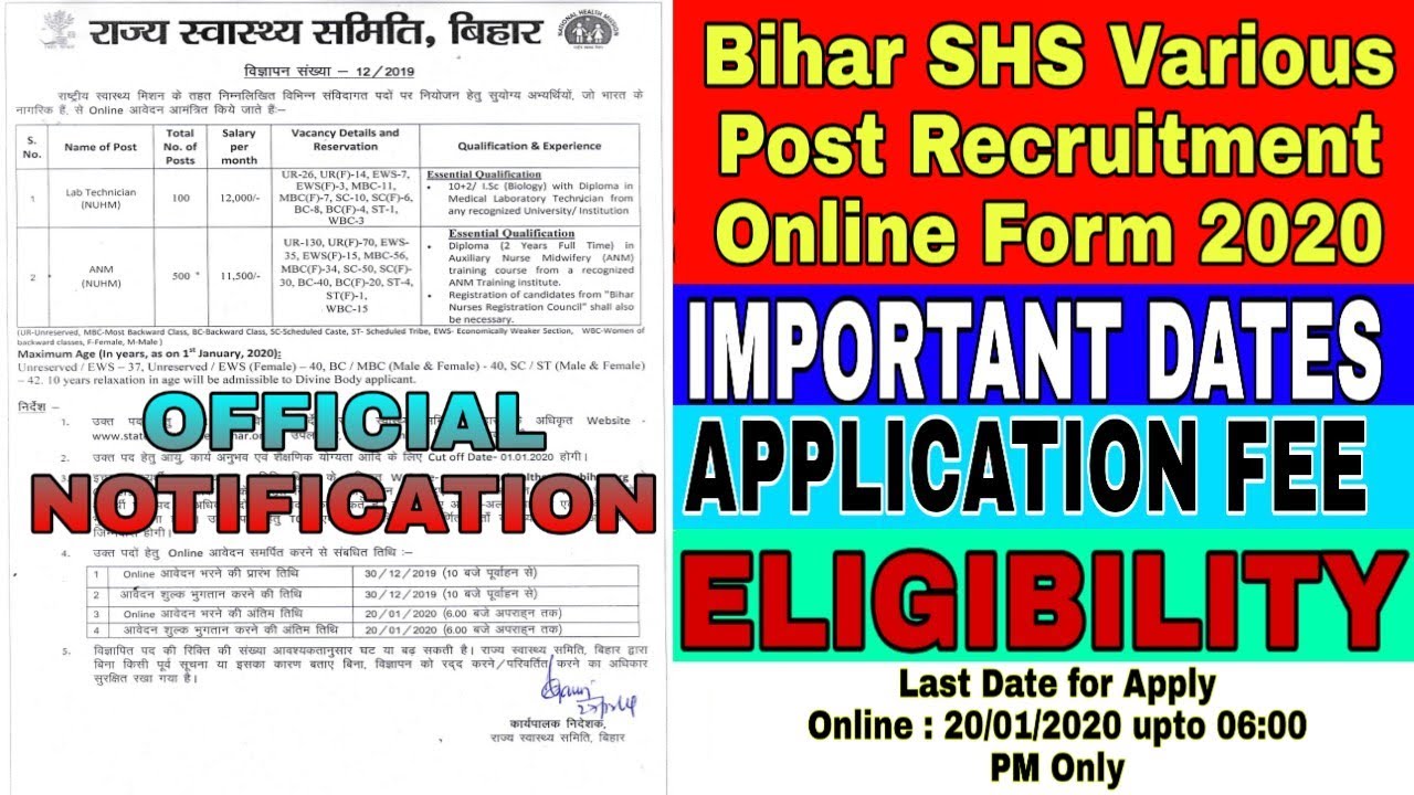 Bihar SHS Various Post Recruitment Online Form 2020| Apply Bihar SHS Various Post Recruitment Online