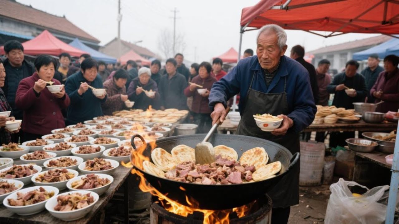 【震惊!】山东日照赶农村大集，80岁大爷露天卖特色猪肉烩饼，一碗只卖12元良心到哭#麦总去哪吃