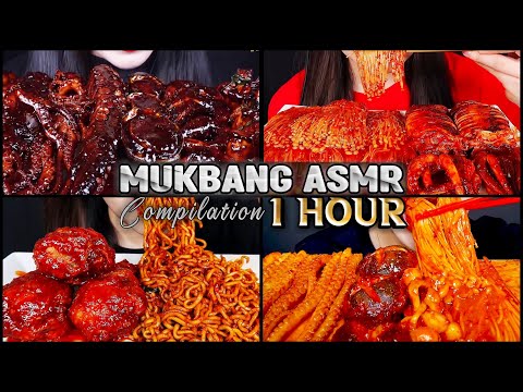 Mukbang ASMR 1 Hour Eating Spicy Fried Chicken, Black Bean Enoki Mushrooms, Spicy Seafood Yosii ASMR