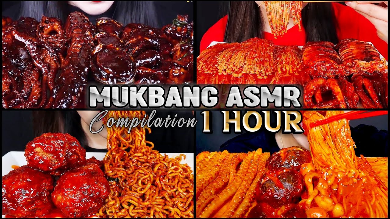 Mukbang ASMR 1 Hour Eating Spicy Fried Chicken, Black Bean Enoki Mushrooms, Spicy Seafood Yosii ASMR