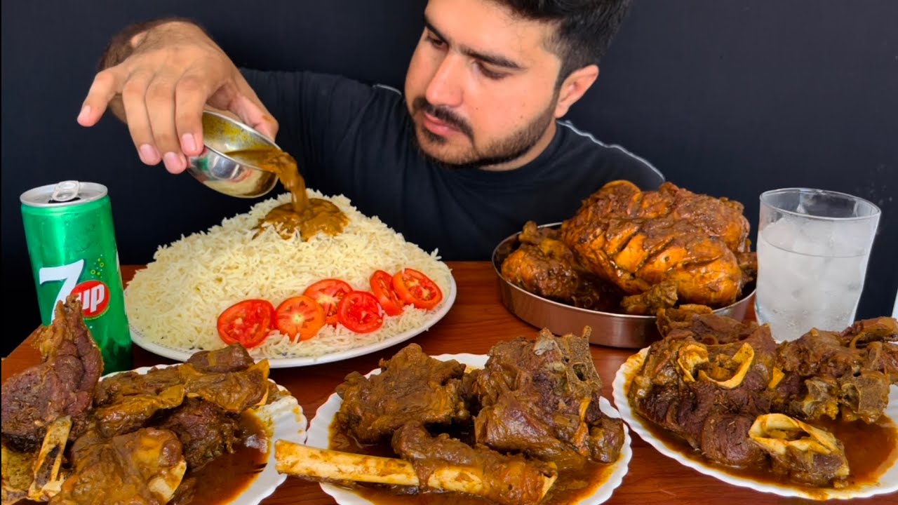 ASMR EATING SPICY WHOLE CHICKEN CURRYSPICY MUTTON CURRYWHITE RICEGREEN CHILLI  MUKBANG