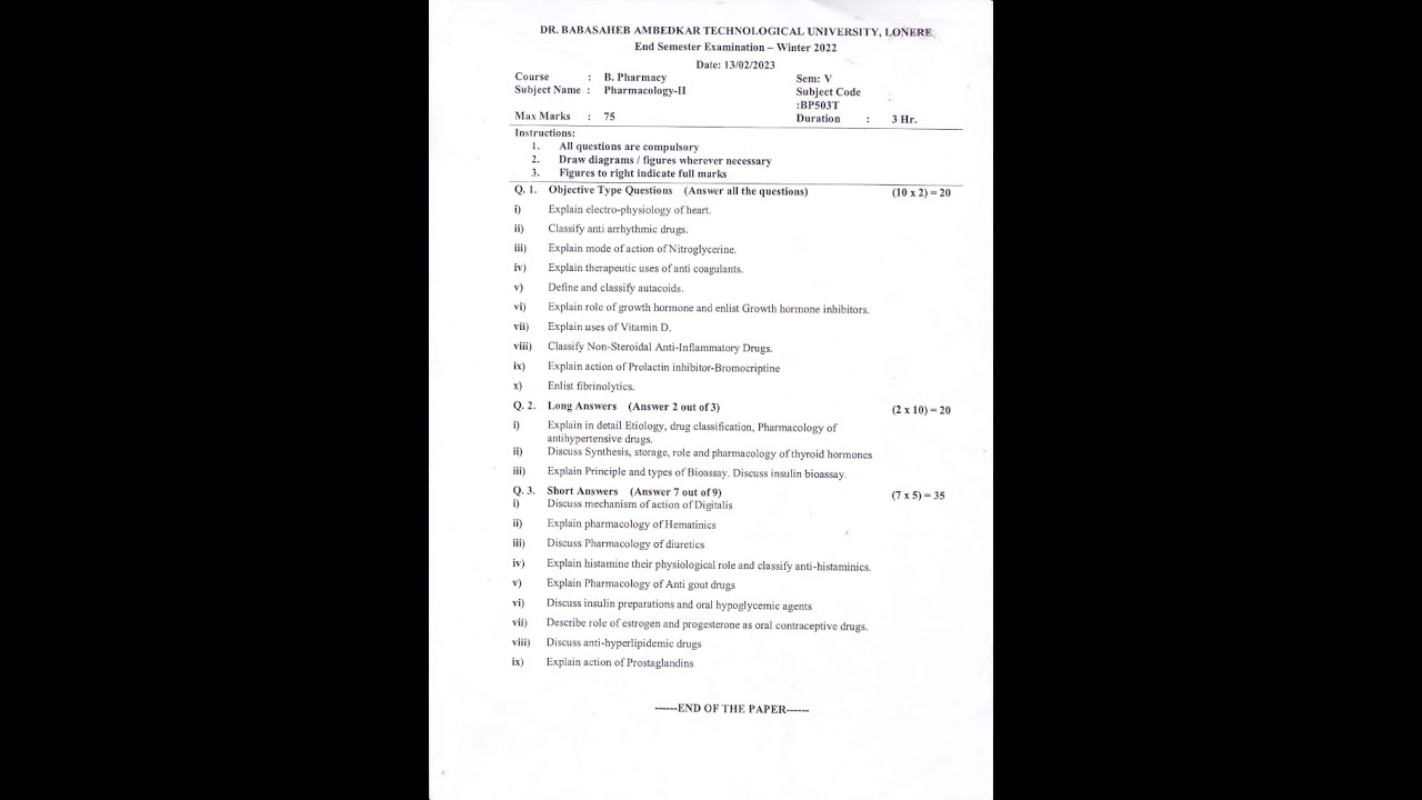 B pharmacy sem - V pharmacology - ll question paper from winter Exam 2023