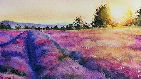 Sunrise on lavender fields watercolor tutorial-Tutorial acquerello alba su campi di lavanda