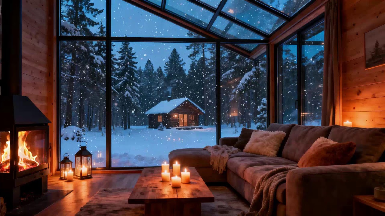 Snowfall Across the Rooftop View 🔥 Modern Hearth Glow