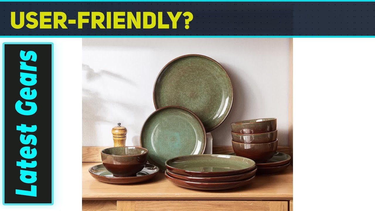 Набор столовой посуды из каменной керамики на 4 персоны – 12 тарелок и мисок с реактивной глазурь...