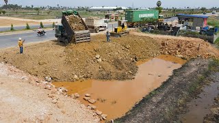 The globe is incredible! A group of trucks, Bulldozer are preparing to Unloading Soil into the lot