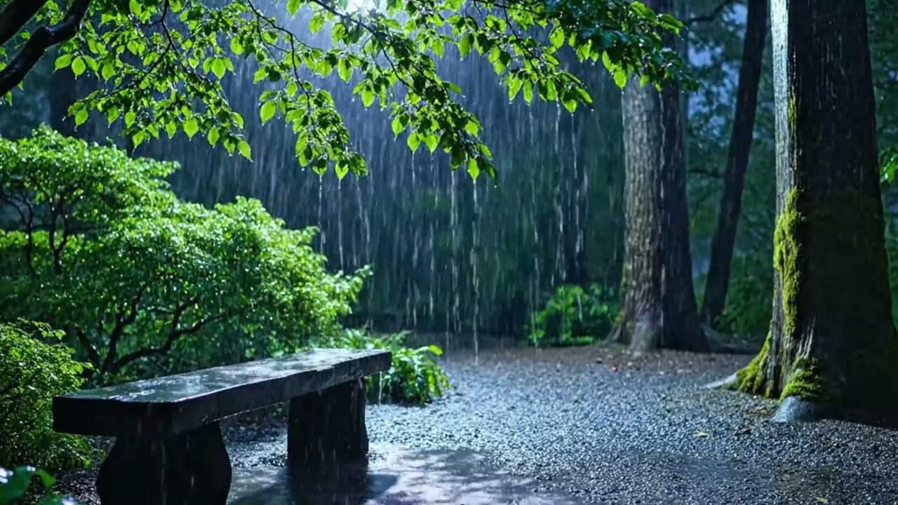Peaceful Forest Rain Ambience at Dusk with Gentle Raindrops on Trees for Deep Sleep and Relaxation