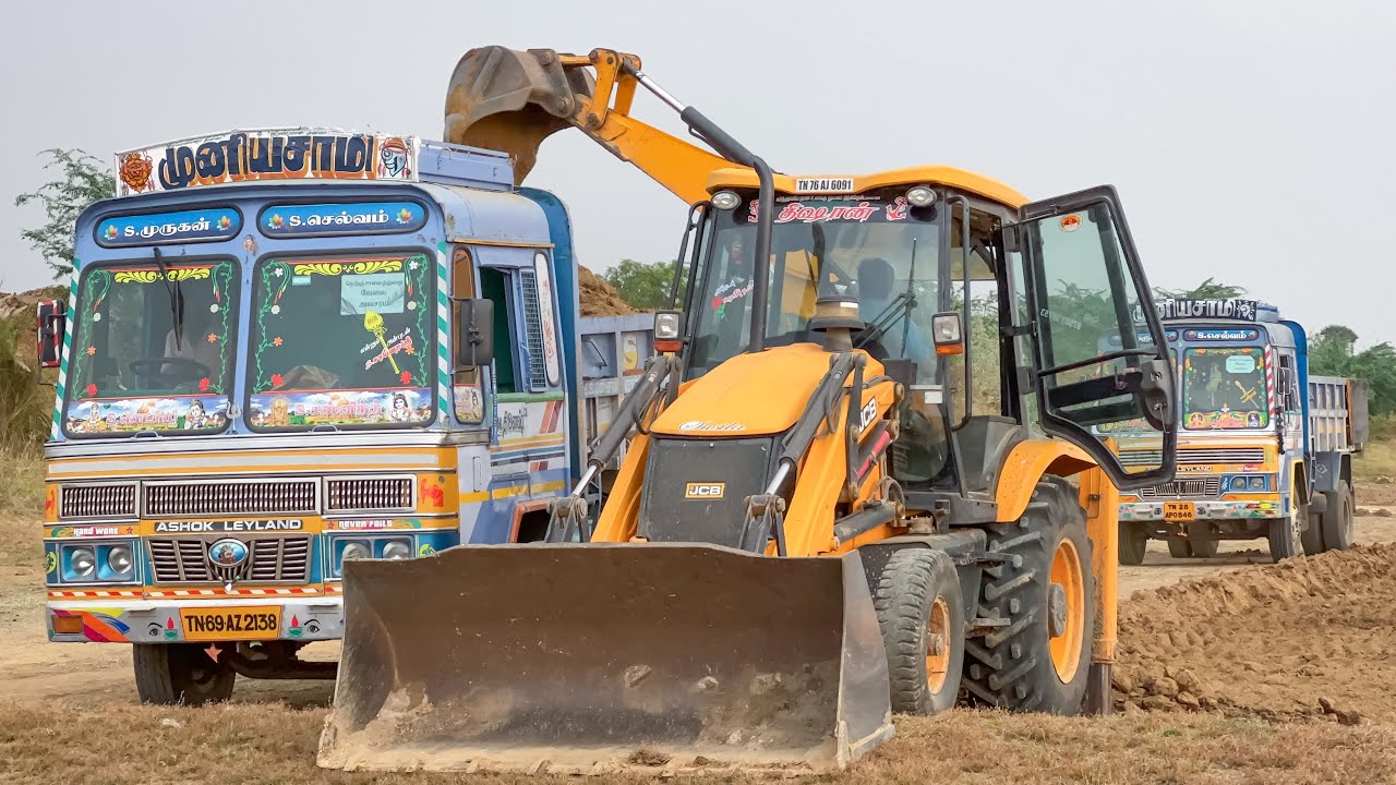 2 JCB 3DX Working with 3 Ashok Leyland Trucks Pond Mud Loading for