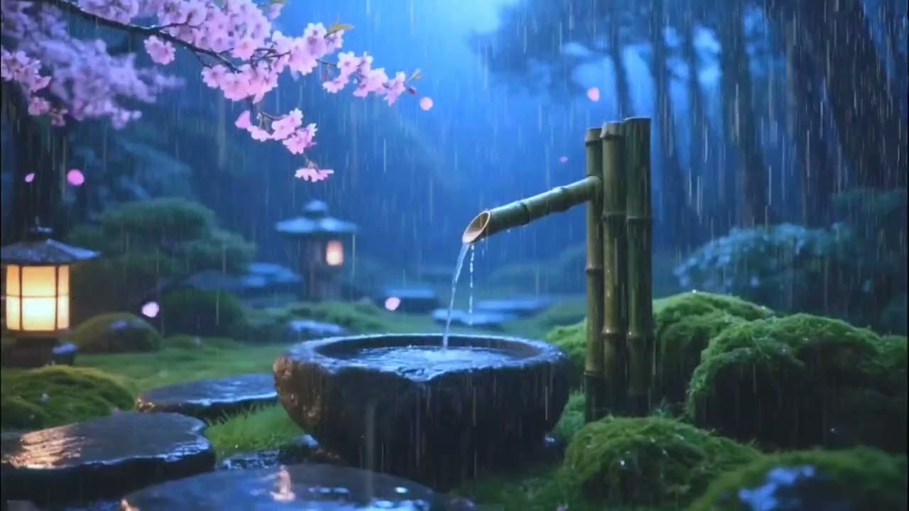 Peaceful Night Rain and Soft Piano in a Zen Garden | Deep Sleep Calm