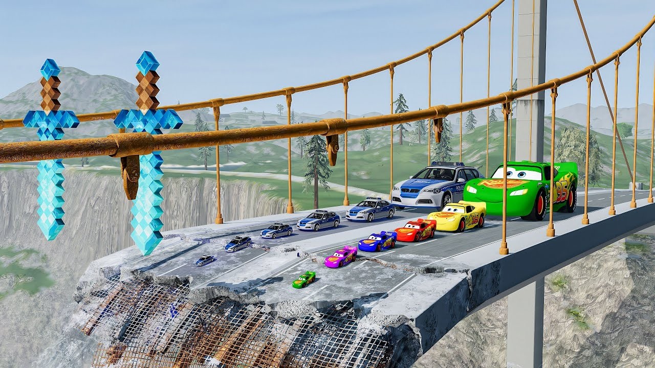 Большой и Маленький МакКуин и полицейская машина против зомби Мака, Сломанный мост, BeamNG drive,...