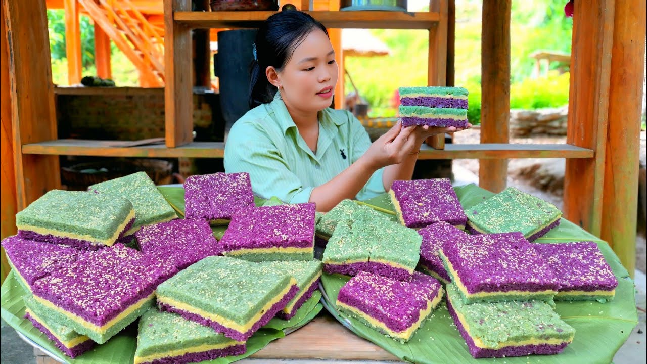 "Recipe for Making Colorful and Delicious Green Bean Sticky Rice Cakes to Sell at the Market".