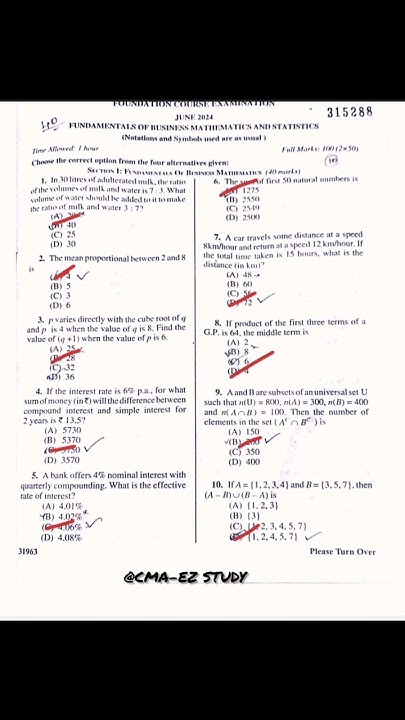 cma foundation june 2024 maths and statistics question paper||answer ...