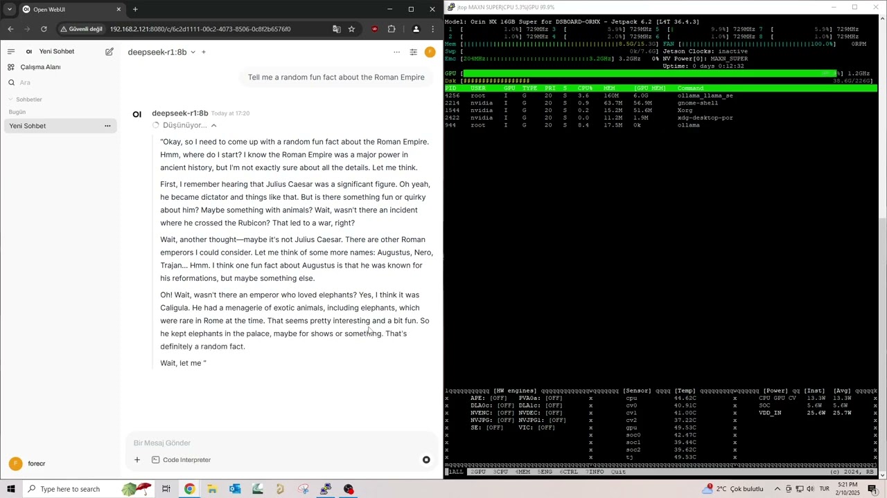 Orin NX Super mode Deepseek-R1 demo on Forecr DSBOARD-ORNX Carrier Board (Deepseek-R1:8b)