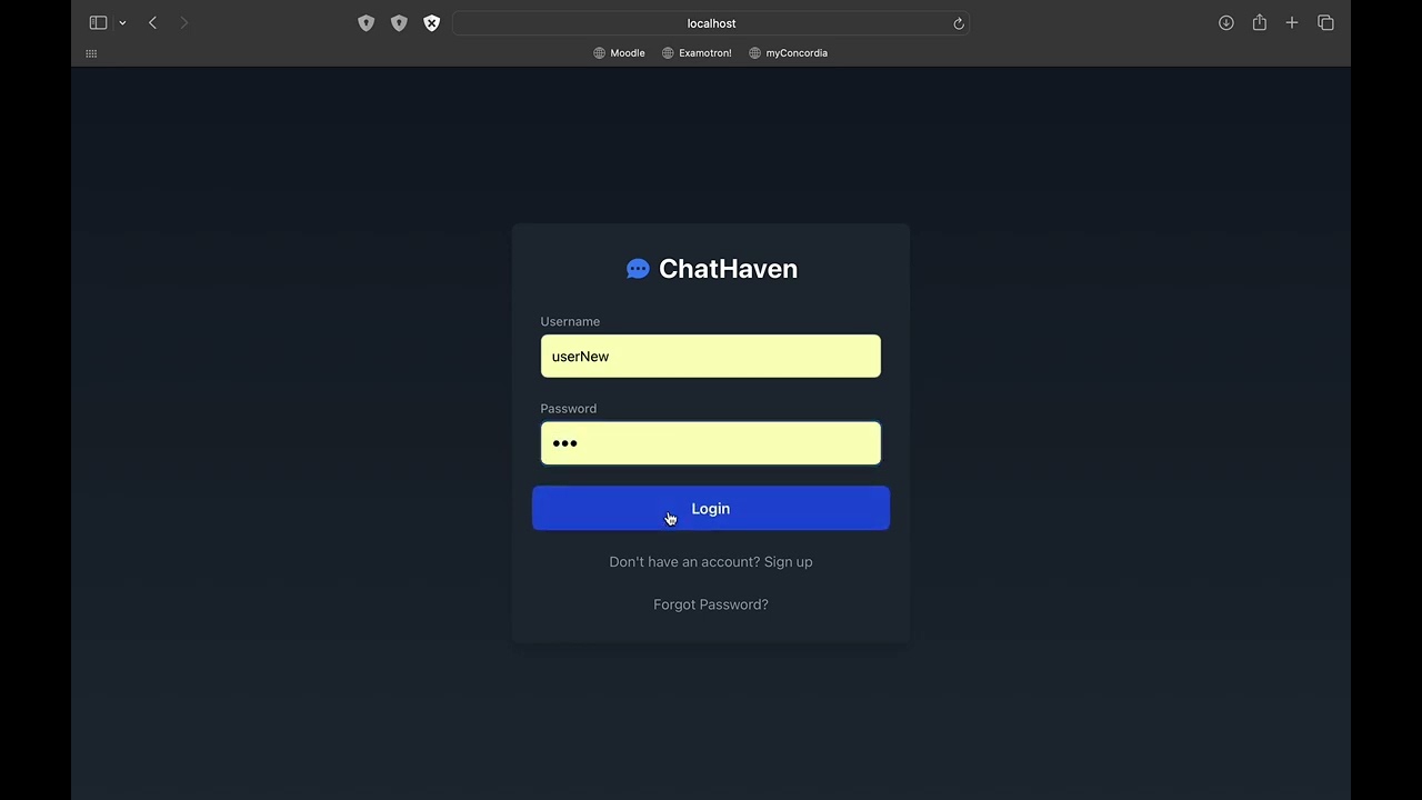 Demo of New User Login for ChatHaven