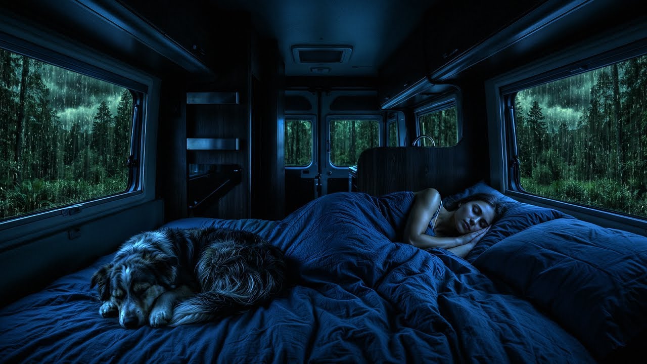 Сильный дождь на окнах 🌧️ кемпера, глубокий сон внутри уютного автодома