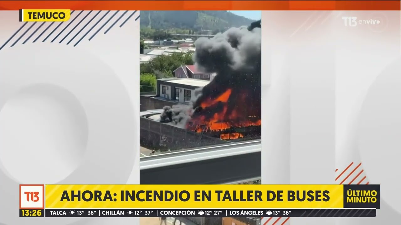 Incendio en taller de buses en Temuco: peligro de propagación alerta a vecinos