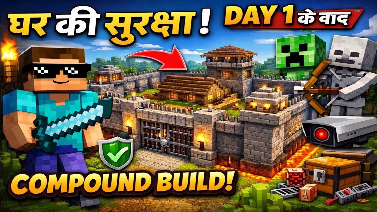 Day 2 अब घर की सुरक्षा! Minecraft Compound Build 😎 - YouTube