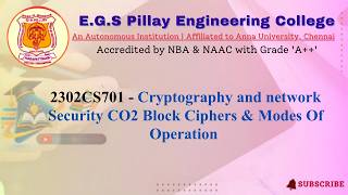 2302CS701 Cryptography and network Security CO2 Block Ciphers & Modes Of Operation Sugumaran V R