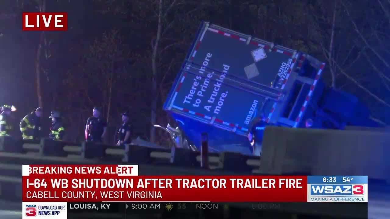 Amazon semi-truck catches fire; shuts down part of interstate - YouTube