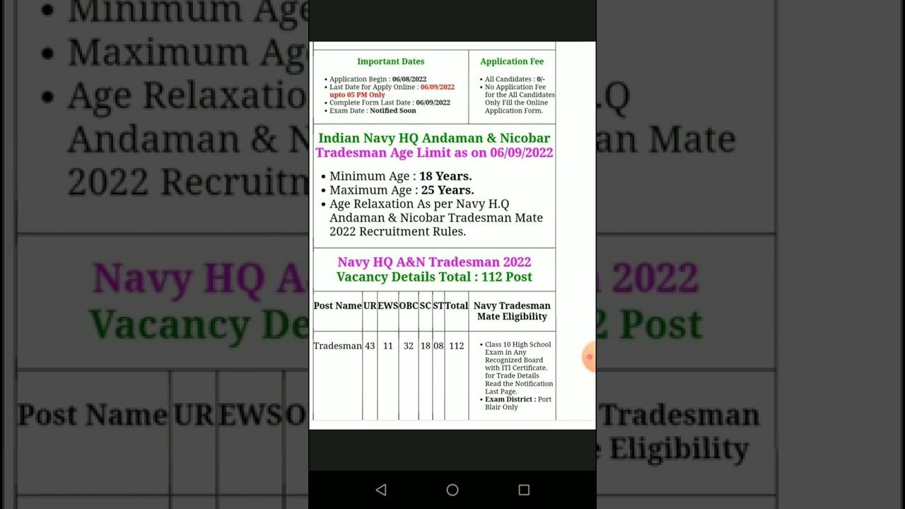 INDIAN NAVY TRADESMAN VACANCY 2022 |TOTAL POST - 112 |LAST DATE - 06/09/2022 |HQ ANDAMAN AND NICOBAR