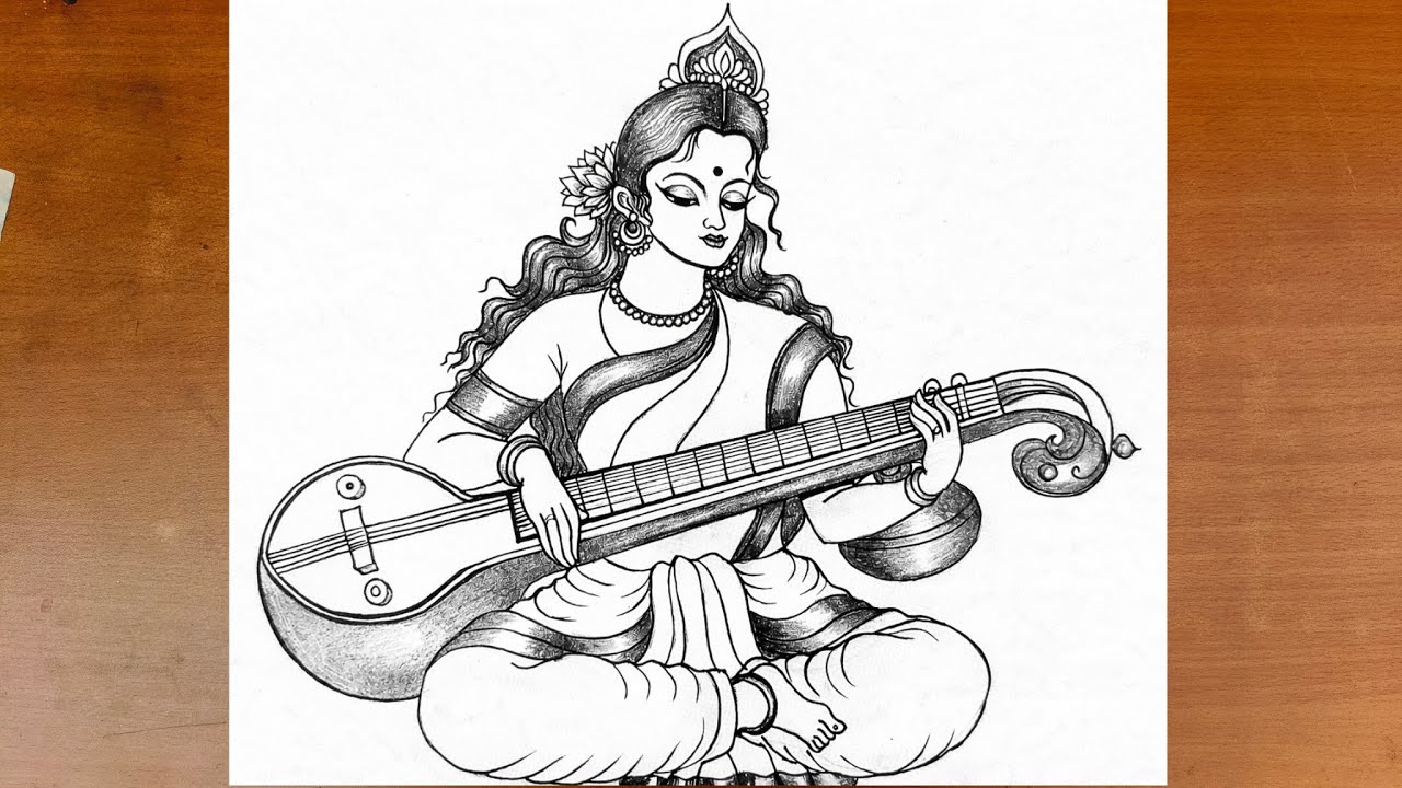 How to draw Saraswati Devi easy step by step| Maa Saraswati drawing| Maa Art's|