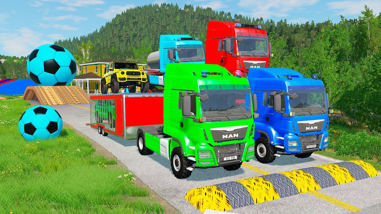Double Flatbed Trailer Truck vs Speedbumps Train vs Cars | Tractor vs Train Beamng.Drive 0129