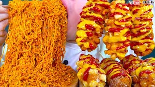 ASMR NEW SPICY FIRE NOODLES & MOZZARELLA CORN DOGS 신상 미트스파게티불닭볶음면5개 & 명랑핫도그 먹방 MUKBANG