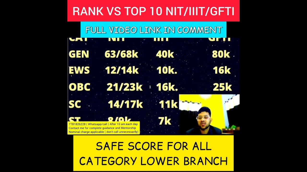 Rank vs Top 10 NIT/IIIT/GFTI Safe Score For All Category Lower Branch shorts cutoff_rank 