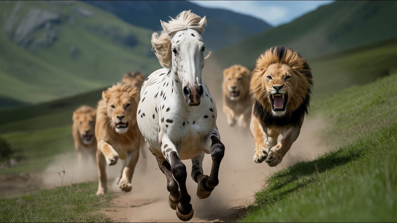 Wild Horse Chased by Lions in the Green Mountains – An Intense Survival Chase (4K)