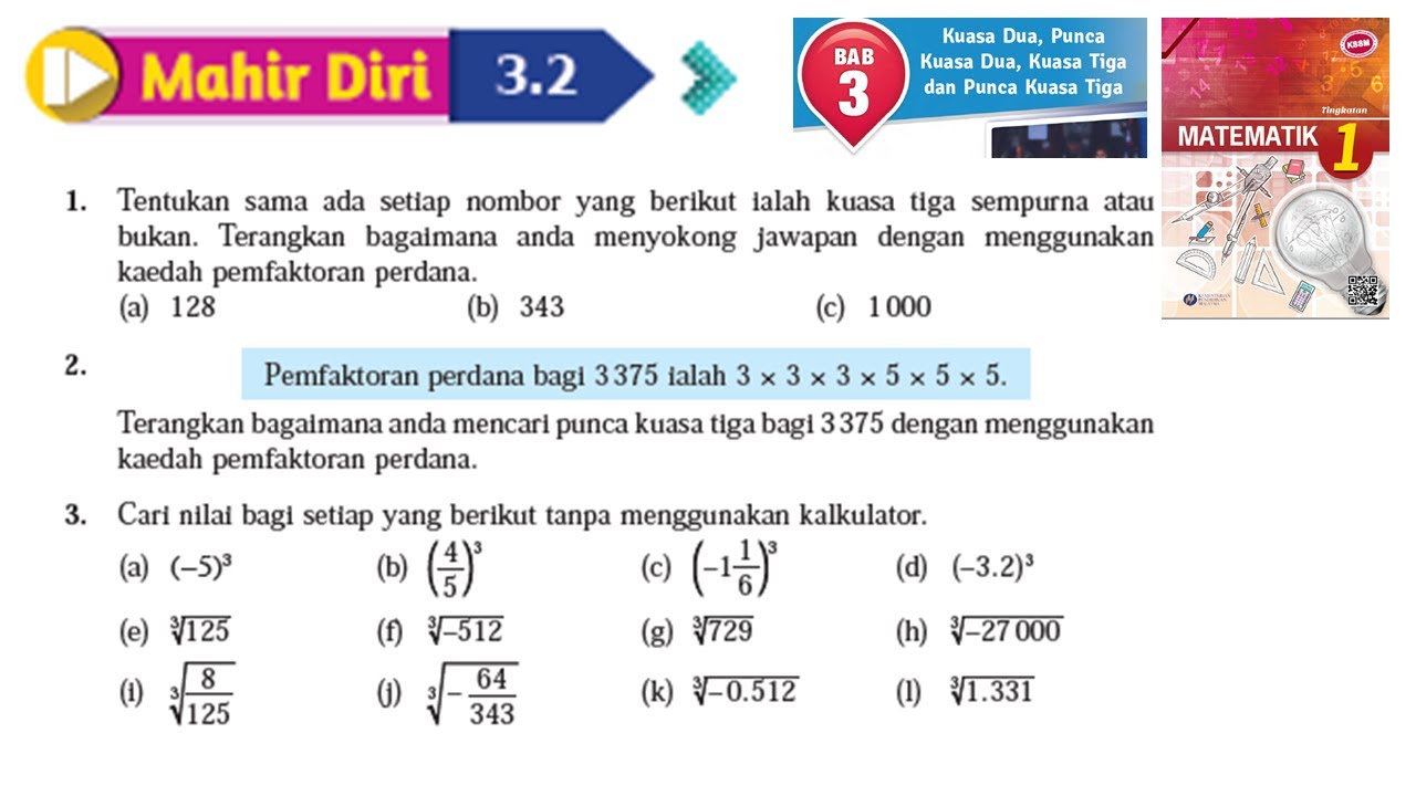 Matematik Tingkatan 1 Bab 3 Kuasa Dua Punca Kuasa Dua Kuasa Tiga Punca Kuasa Mahir Diri 3 2 No1 3 Youtube