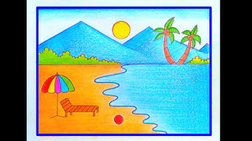 Summer Season Drawing / How to Draw Sea Beach Scenery Easy step by step / Beach Scenery Drawing Easy