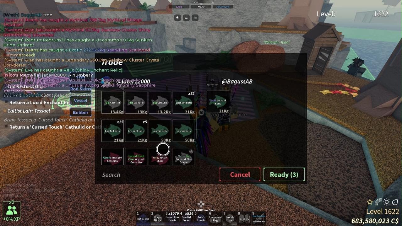 Roblox fisch trading for lucid Relic and giving to npc