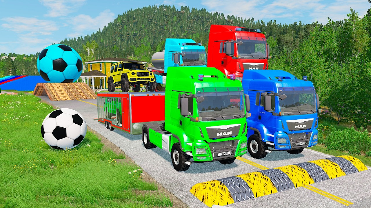 Double Flatbed Trailer Truck vs Speedbumps Train vs Cars | Tractor vs Train Beamng.Drive 0148